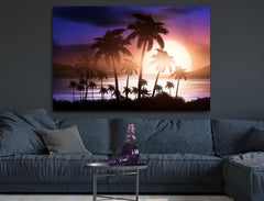 Deko-Leinwand Sonnenuntergang hinter Palmen