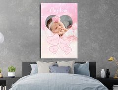 Personalisierte Leinwand für neugeborene Mädchen mit Geburtsdaten Rosa Herzen und Wunschbild