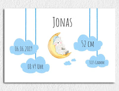 Personalisierte Leinwand Schäfchen auf Wolke mit Geburtsdaten und Name neugeborene Jungen