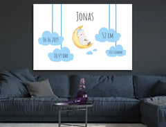 Personalisierte Leinwand Schäfchen auf Wolke mit Geburtsdaten und Name neugeborene Jungen