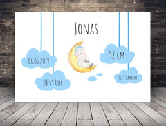 Personalisierte Leinwand Schäfchen auf Wolke mit Geburtsdaten und Name neugeborene Jungen