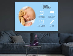 Personalisierte Leinwand mit Wunschbild und Geburtsdaten für Jungen