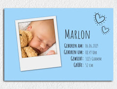 Personalisierte Leinwand Polaroid mit Geburtsdaten für Jungen