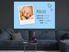 Personalisierte Leinwand Polaroid mit Geburtsdaten für Jungen