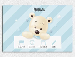 Personalisierte Leinwand Bärchen mit Geburtsdaten und Name neugeborene Jungen
