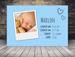 Personalisierte Leinwand Polaroid mit Geburtsdaten für Jungen