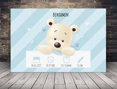 Personalisierte Leinwand Bärchen mit Geburtsdaten und Name neugeborene Jungen
