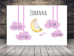 Personalisierte Leinwand Schäfchen auf Wolke mit Geburtsdaten und Name neugeborene Mädchen