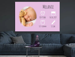 Personalisierte Leinwand mit Wunschbild und Geburtsdaten für Mädchen