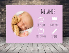 Personalisierte Leinwand mit Wunschbild und Geburtsdaten für Mädchen