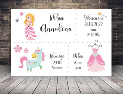 Personalisierte Leinwand neugeborene Mädchen mit Geburtsdaten und Name Prinzessin blonde Haare