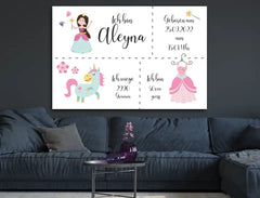 Personalisierte Leinwand neugeborene Mädchen mit Geburtsdaten und Name Prinzessin braune Haare