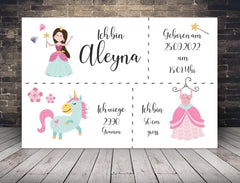 Personalisierte Leinwand neugeborene Mädchen mit Geburtsdaten und Name Prinzessin braune Haare