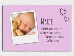 Personalisierte Leinwand Polaroid mit Geburtsdaten für Mädchen