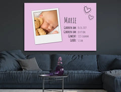 Personalisierte Leinwand Polaroid mit Geburtsdaten für Mädchen