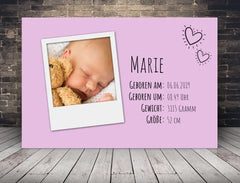 Personalisierte Leinwand Polaroid mit Geburtsdaten für Mädchen