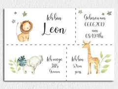 Personalisierte Leinwand neugeborene Jungen mit Geburtsdaten und Name Safari