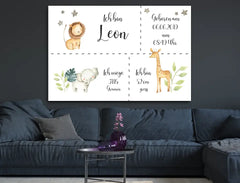 Personalisierte Leinwand neugeborene Jungen mit Geburtsdaten und Name Safari