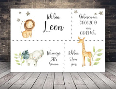 Personalisierte Leinwand neugeborene Jungen mit Geburtsdaten und Name Safari