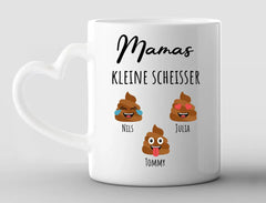 Personalisierte Tasse Herzhenkel Mamas drei kleine Scheisser mit Namen