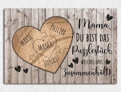 Personalisierte Leinwand Herz Puzzel aus Holz für Mama mit Namen