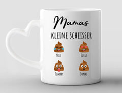 Personalisierte Tasse Herzhenkel Mamas vier kleine Scheisser mit Namen