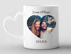 Personalisierte Tasse Herzhenkel eigenes Foto in Herzform mit Name und Datum