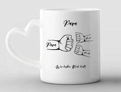 Personalisierte Tasse Herzhenkel Fauststoß Papa und Kinder mit Namen