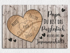 Personalisierte Leinwand Herz Puzzel aus Holz für Papa mit Namen