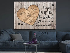 Personalisierte Leinwand Herz Puzzel aus Holz für Papa mit Namen
