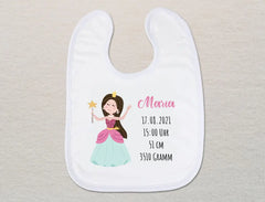 Personalisiertes Baby-Lätzchen | Prinzessin braune Haare Geburtsdaten