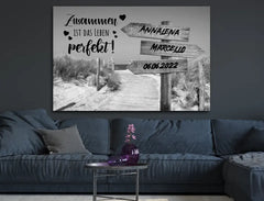 Personalisierte Leinwand Wegweiser Liebe für Paare mit Namen und Datum