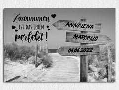 Personalisierte Leinwand Wegweiser Liebe für Paare mit Namen und Datum