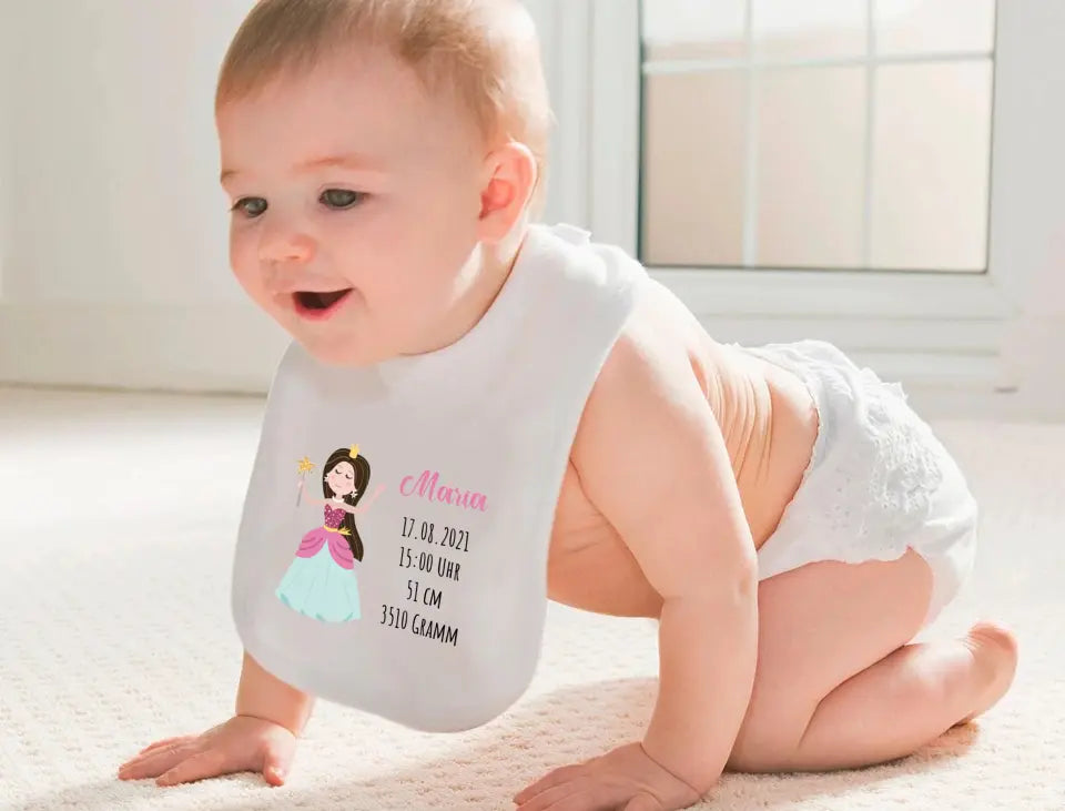 Personalisiertes Baby-Lätzchen | Prinzessin braune Haare Geburtsdaten