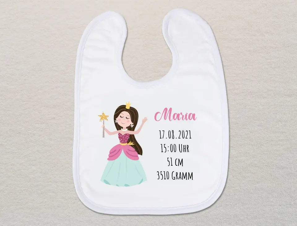 Personalisiertes Baby-Lätzchen | Prinzessin braune Haare Geburtsdaten