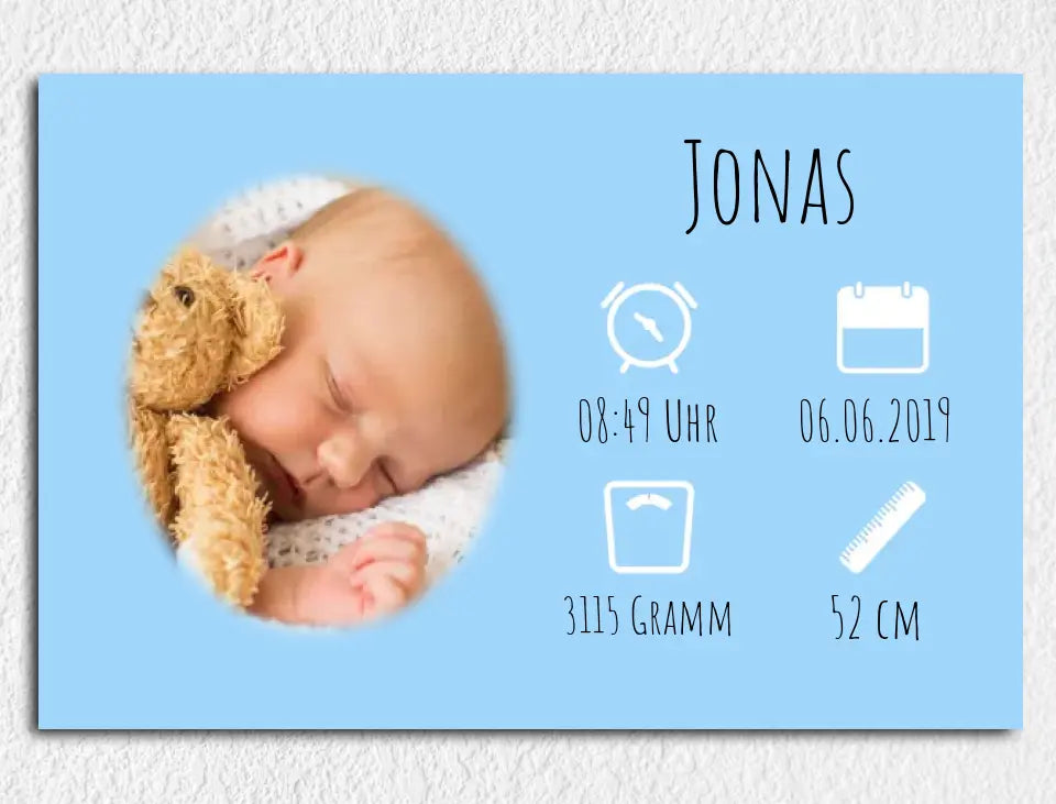 Personalisierte Leinwand mit Wunschbild und Geburtsdaten für Jungen