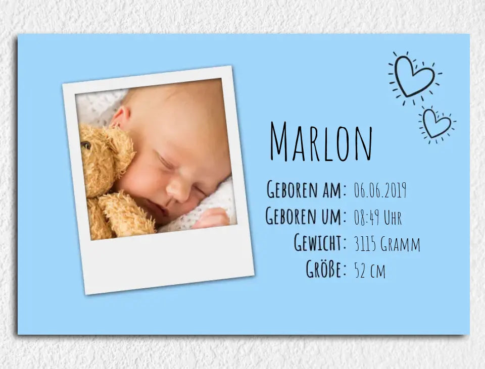 Personalisierte Leinwand Polaroid mit Geburtsdaten für Jungen