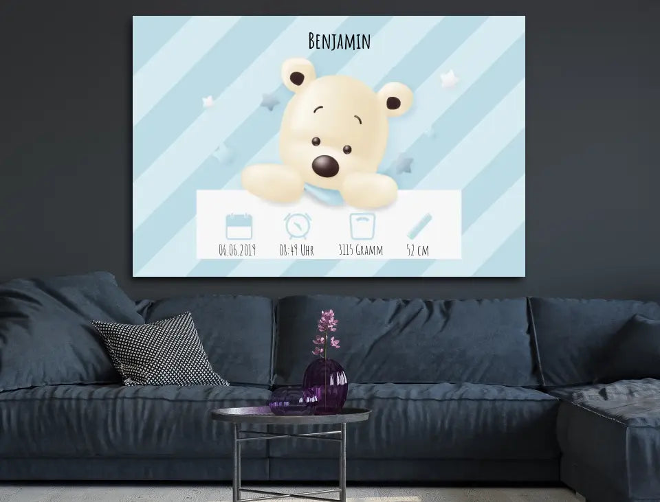 Personalisierte Leinwand Bärchen mit Geburtsdaten und Name neugeborene Jungen