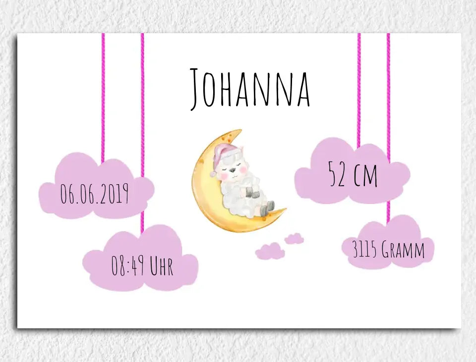 Personalisierte Leinwand Schäfchen auf Wolke mit Geburtsdaten und Name neugeborene Mädchen