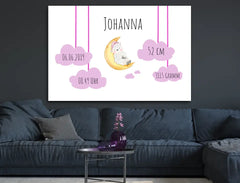 Personalisierte Leinwand Schäfchen auf Wolke mit Geburtsdaten und Name neugeborene Mädchen