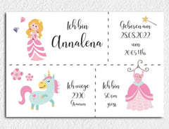 Personalisierte Leinwand neugeborene Mädchen mit Geburtsdaten und Name Prinzessin blonde Haare