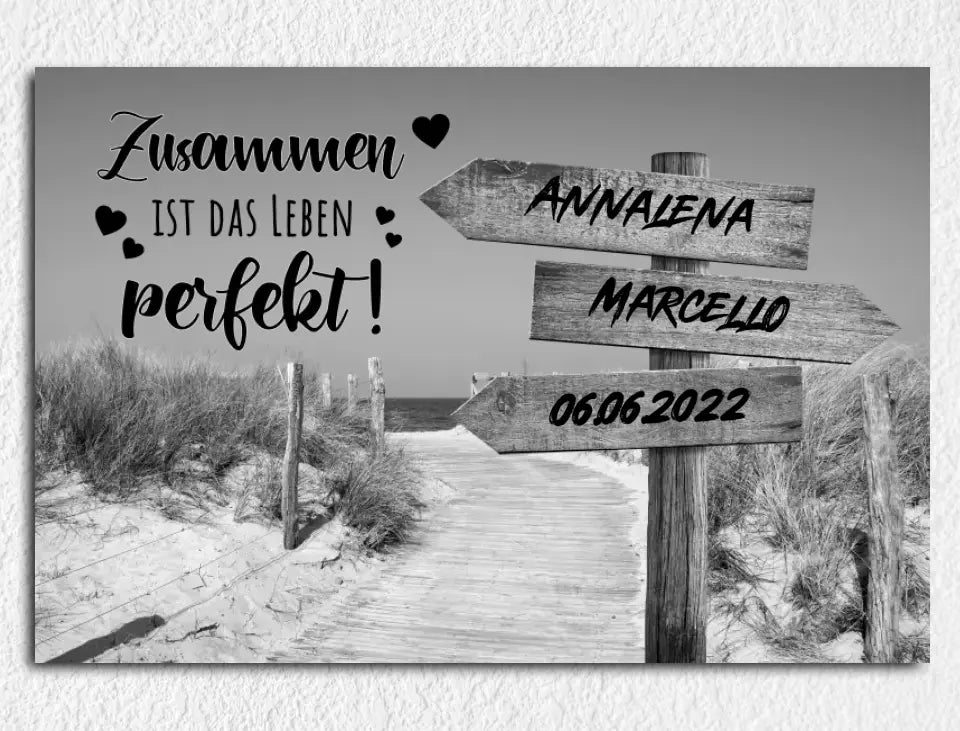 Personalisierte Leinwand Wegweiser Liebe für Paare mit Namen und Datum