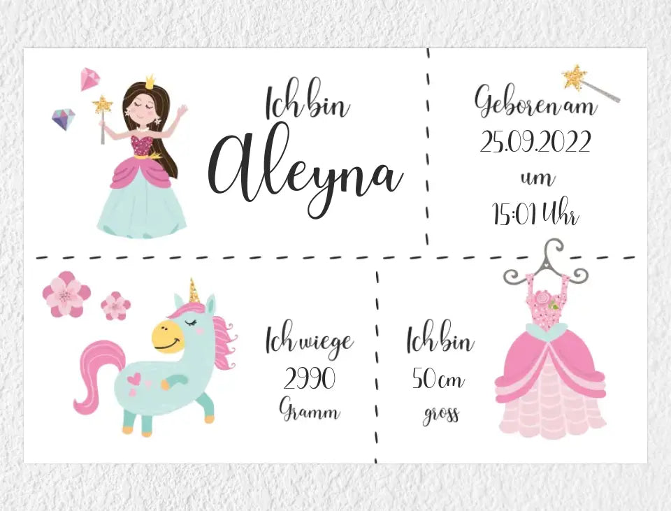 Personalisiertes Poster | Geburtsdaten "Prinzessin braune Haare"